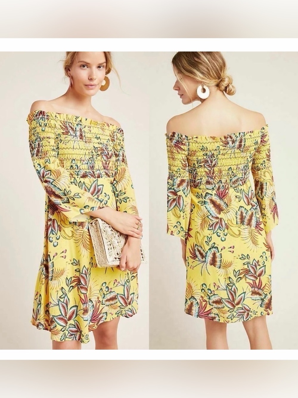 Anthropologie Farm Rio Dress Bria Smocked Mini Floral Off-Shoulder yellow size L
